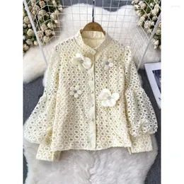 Camicette da donna Camicetta da donna chic francese Vendite Fiori 3D Scava fuori Colletto alla coreana Risvolto Camicie singole Autunno Casual Blusa femminile Goccia