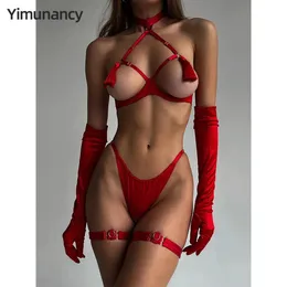 セクシーなセットYimunancy Tassel Underwear Womens Sling Cutting Sex Redblack Open Back Briefing 231215