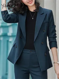 Ternos femininos Blazers Yitimuceng Office Ladies Two Piece Set Outifit 2023 Double Breasted Turn Down Collar Blazer Cintura Alta Calça Sólida 231214