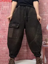 Kadın kot pantolon cepleri gevşek kadife kalınlaşmış sıcak ve sıkı oturan kot pantolon fırçalanmış sokak giyim retro denim harem pantolon 231215