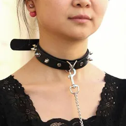 Chokers Sexy Rebite PU Colar de Couro Corrente de Chumbo Corda Sino Gargantilha Escravo Traje BDSM Bondage Colar Neckband Sexo Punk Goth2133