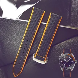 Nylon-Uhrenarmband aus echtem Leder für Omega Planet Ocean 20 mm 22 mm Herrenarmband Kalbsleder Schwarz Orange Rot Blau mit Tool238U