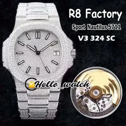 R8F V3 Upgrade Version 5711 Cal 324 S C Automatik Herrenuhr Gypsophila Diamant Zifferblatt Stahl Volldiamant Armband Sportuhren Hel177S