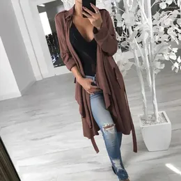 Women's Trench Coats Autumn Spring Casual Solid Color Long Coat Female Lapel Loose Windbreaker Fashion Simple Sleeve Lace-up Midi Cardigan