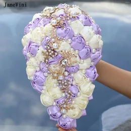 Bröllopsblommor Janevini Elegant Light Purple Waterfall Bridal Bouquets Crystal Pearls Artificial Satin Roses Cascading Bouquet