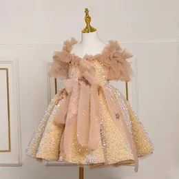 Girl s Dresses Children Prom Dress ChicTulle Off The Shoulder Gold Sequined Princess Kids Girls Party Performance Costume Ball Gown2023 231215