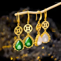 Orecchini pendenti MODA DONNA ORECCHINO A GOCCIA IN ORO 14K STILE CINESE MONETE CLASSICHE PIETRA PREZIOSA VERDE SMERALDO GIADA FEMMINA