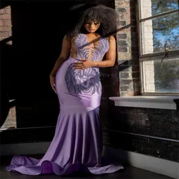 Luxury Diamond Crystal Prom Dress 2024 Elegant Lilac Plus Size Mermaid Evening Gowns South African Black Girls Formal Party Wear Special Occasion Dress Charming
