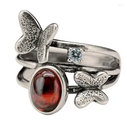 Bagues de cluster 925 Sterling Silver Original Butterfly Garnet Ouverture Bague Femelle