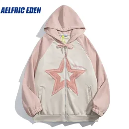 Men's Hoodies Sweatshirts Aelfric Eden Burlap Star Patchwork Zip Up Hoodie Sweatshirt Men Y2K Hiphop Loose Cotton Hooded Streetwear Harajuku Pullover 231214