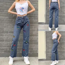 Women's Jeans Women Straight Leg Cargo Pants Jungfrau Style High Waist And Slim Butterfly Embroidered Slightly Flared Trousers