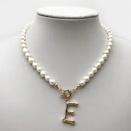Real Pearl Necklace Choker Alphabet A-Z Initial Stainless Steel Buckle GoldColor Pendant Freshwater Jewelry 2202282913