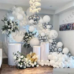 Decoração de festa 147 pcs branco cromo metálico sier balão guirlanda arco kit para balões de casamento de aniversário noiva chá de bebê x072276c dhog6