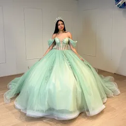Sage Green Quinceanera Dresses Ball Offts Though Cheorique Lace Beads Puffy Sweet 16 Dress Celebrity Party Barty Treguation