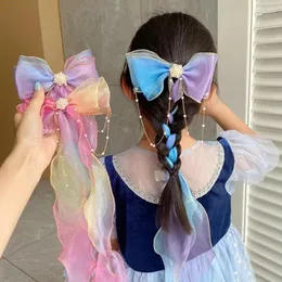 Hair Accessories Super Long Bowknot Children Clips Pearl Tassels Ribbons Braided Hairpins Headdresses Summer Girls Princess