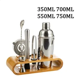 Bar Tools 10pcs Kokteyl Shaker Set Barmen Kiti Jigger Mikser Muddler Pourer Pourer Kaşık Paslanmaz Çelik Kokteyl Mixer Shaker Bambu Raflı 231214