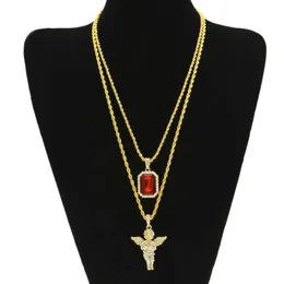 Ciondolo croce con strass angelo in due pezzi con collana con ciondolo rubino rosso set gioielli moda hip hop da uomo233x