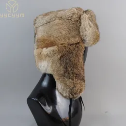 Trapper hattar mäns mössor varm naturlig kanin pälsbomber hatt med öronflikar vinter unisex varm rysk ushanka hatt riktiga kanin päls hattar 231214