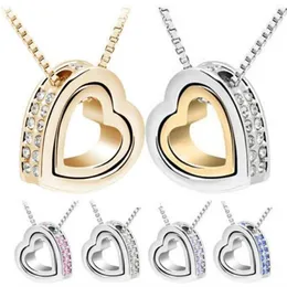 QCooljly Gold Heart in Heart Shaped Austrian Crystal Pendant Necklace Fashion Jewelry for Women Part