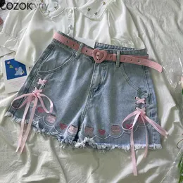 Women's Shorts Japanese Chic Bandage Lolita Denim Shorts Women Sweet Cute Cartoon Piggy Embroidery Bow Jeans Girl Kaii Y2k Short Pants SummerL231215