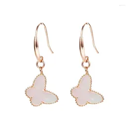 매달린 귀걸이 Ruiyi Real 18K Gold White Fritillaria Butterfly Drop Eor Hook 디자인 순수한 AU750 Earring Women Fine Jewelry Gifts