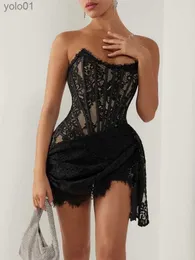 Urban Sexy Dreess Bnccel 2023 New Sexy Women 's Luxury Black Lace Patchwork Strapless Slash Neck Mini Bodycon Dress Elegant Party Club 드레스 231215