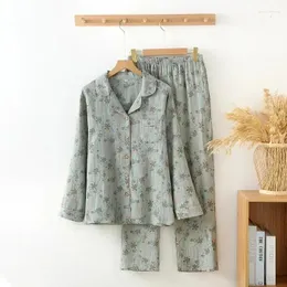 Kvinnors sömnkläder krage tryckt set hus pyjamas damer vintage långärmare byxor bär kvinnor vår höstblomma vänd ned bomull