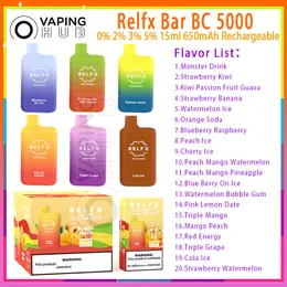 원래 Relfx Bar BC 5000 퍼프 E 담배 메쉬 코일 15ml 미리 채워진 포드 650mAh 배터리 20 맛 0% 2% 3% 5% 레벨 퍼프 5K 일회용 vape 펜 키트