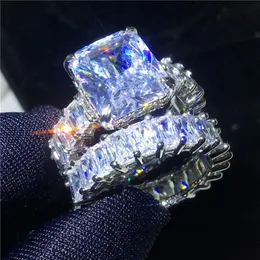 Vecalon Conjuntos de anillos vintage de plata de ley 925 con corte princesa, anillos de boda de compromiso con diamantes para mujeres y hombres, joyería 2855