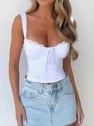 Tanques femininos espartilho regata sem mangas renda guarnição frente cor sólida fino ajuste bustier colheita streetwear verão camis