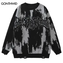 Suéter masculino hip hop rasgado suéter grunge y2k vintage malha punk gótico streetwear jumpers homens mulheres harajuku moda pulôver 231214