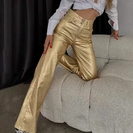 Pantalon Femme S Couleur Métallique Femmes Droite Solide Fermeture Éclair Pantalon Taille Haute 2023 Automne Hiver Rue Élégant Bureau Dame Tenue 231214