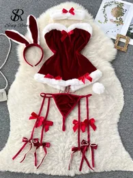 Sexy Set Singrainy Cosplay Coelho Maid Nightwear Halter Splice Fur Bow Lingerie Combinação Natal Erótico Pornográfico Roupa Interior 231215