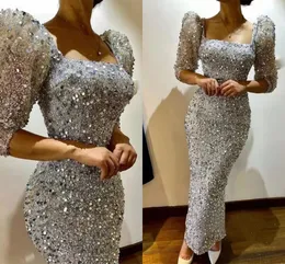 Elegant Silver Sequins Sheath Prom Dress 2024 Beading Square Neck 3/4 Sleeves Evening Party Gowns Arabic Dubai Vestidos De Festa