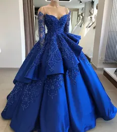 Abito da ballo vintage blu royal Abito da ballo 2024 Spalle scoperte Maniche lunghe Perle Perline Paillettes Raso Abiti da sera formali Quinceanera Abiti da festa