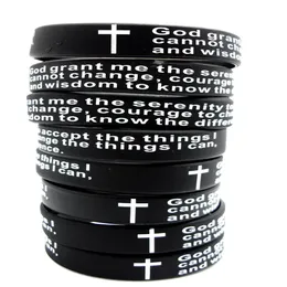 100pcs Inspirational English Serenity Prayer Silicone Bracelets Christian Men Cross Fashion Wristbands whole GOD SERENITY Jewe314M