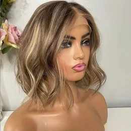 Syntetiska peruker Bob Wave Silk Top Je Double Drawn Kosher European Human Hair Wig For Women 150 Density Highlight Blonde 231214