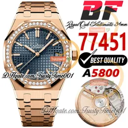 BFF 34mm 77451 A5800 Automatiska damer Titta på 50 -årsjubileum Diamonds Bezel Rose Gold Blue Textured Dial Rostless Armband Super Edition TrustyTime001Watches