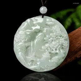 Colares de pingentes de pintura de paisagem de jade natural para o homem e as mulheres Fengshui Geomantic Amulet Talisman simbolizando a liberdade felicidade