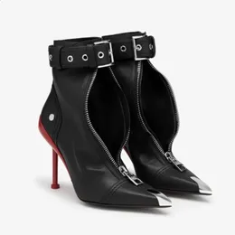 Boots Belt Buckle Front Zipper Fashion Show Short Boot's Autumn Winter Pointed Metal Decoration Red High Heels Ankle 231214