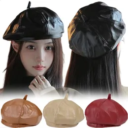 Geizige Brimhüte französische Künstler warm warmes Berets Mädchen Winter Mütze für Frauen Vintage Plain Baskenmodelle Solid elegante Lady Pu Leder Caps 231214