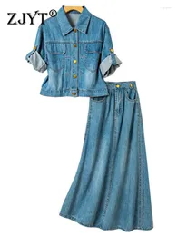 Abiti da lavoro ZJYT Set di abiti di jeans estivi Blu Conjuntos De Falda 2 pezzi Abito da donna Manica corta Top Gonna Abito Casual High Street