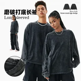 Męskie koszule retro mężczyźni myli 250GSM bawełniany unisex o szyja solidna trudna pełna rękaw z rozbitymi koszulkami T-TEE TEE TOPS