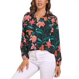 Women's Blouses Tropical Floral Print Blouse Long Sleeve Flame Flowers Kawaii Female Street Wear Oversized Shirt Custom Clothes Gift