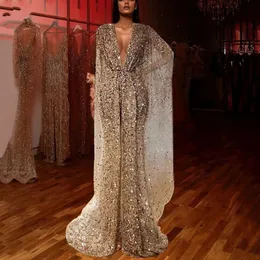 Glitter cekins High Split Dress 2024 z rękawami czapki głębokie V szyję Kryształy Kryształy Długo wieczór Formalne urodziny Suknie Vestidos de Fiast