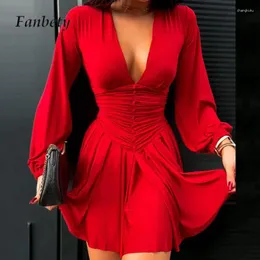 Casual Dresses Sexy Lantern Long Sleeve Party Mini Dress Deep V Neck High Waist Pleated Fashion Elegant Ladies Solid Color A-Line