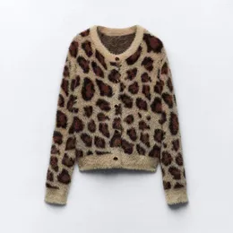 Pele feminina 2024 primavera outono feminino falso animal jacquard malha cardigan leopardo impressão em torno do pescoço manga comprida camisola casaco de malha