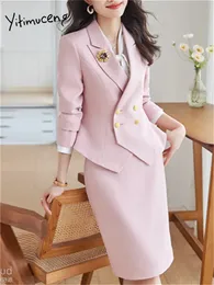 Blazer da donna Blazer Yitimuceng Eleganti set di due pezzi OutITS 2023 Office Ladies Double Breasted Gira Down Collar Blazer Solid Skirt 231214