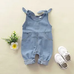 Pagliaccetti Neonato Ragazza e Ragazzo Pagliaccetto Denim Solid Tether Sling Button Bambino One Piece 0-12 Mesi Moda unisex Pagliaccetto JeansL231114