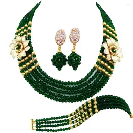 Collana Orecchini Set Moda Verde scuro Perline di cristallo Multi fili Collane Set Matrimonio nigeriano Perline africane Gioielli 5-XSH06